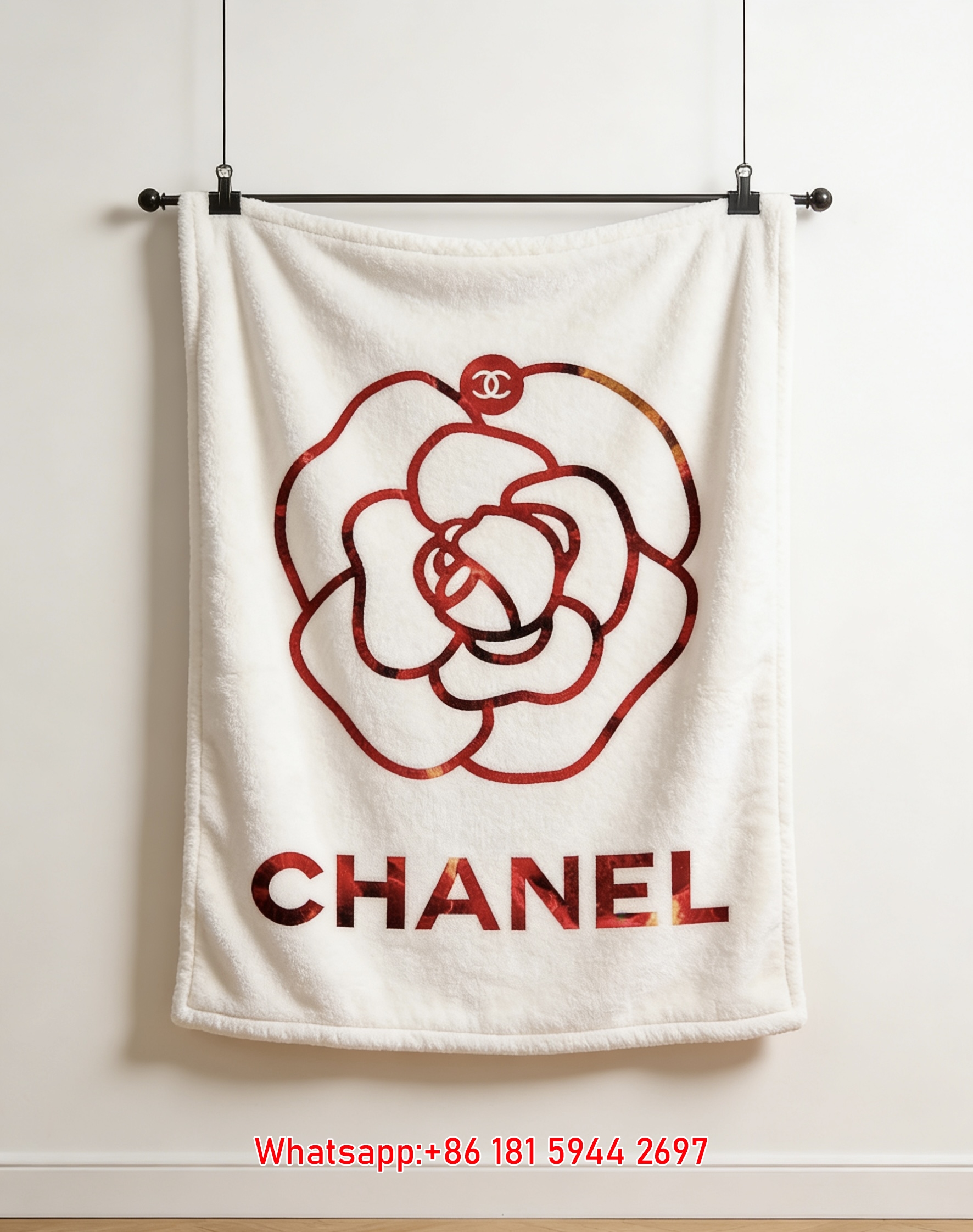 Red Camellia Chanel Logo Flannel Throw Blanket Luxury Wall Decor IMG_7271